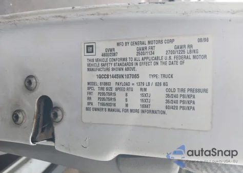 1997 Chevrolet S-10 Fleetside z USA, uszkodzony, nr VIN 1GCCS1445VK107065